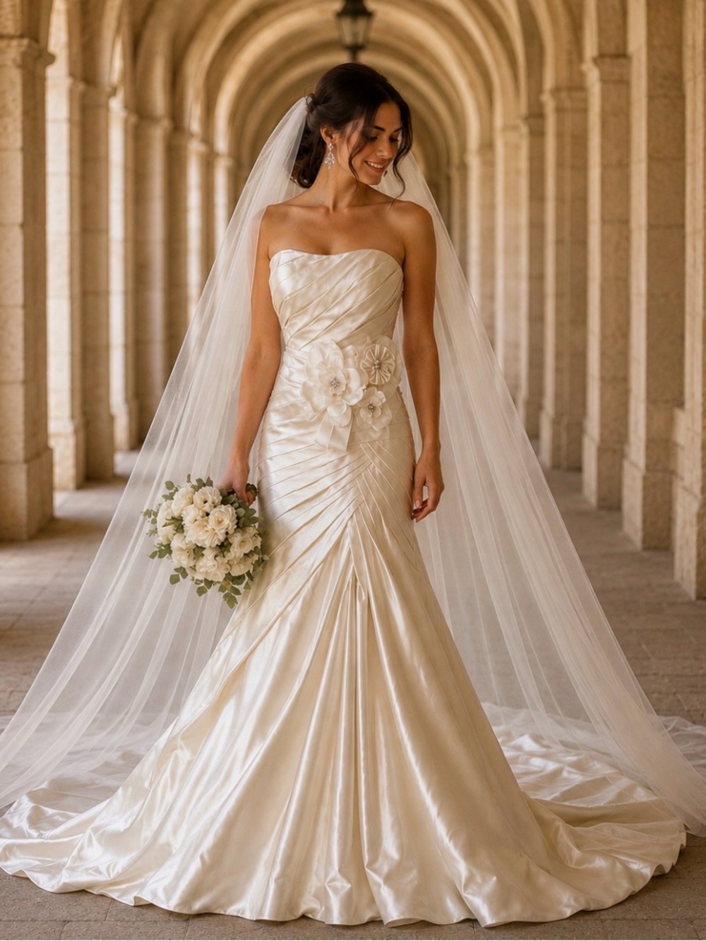 Maggie Sottero Strapless Alabaster Wedding Gown with Floral Appliqué Belt